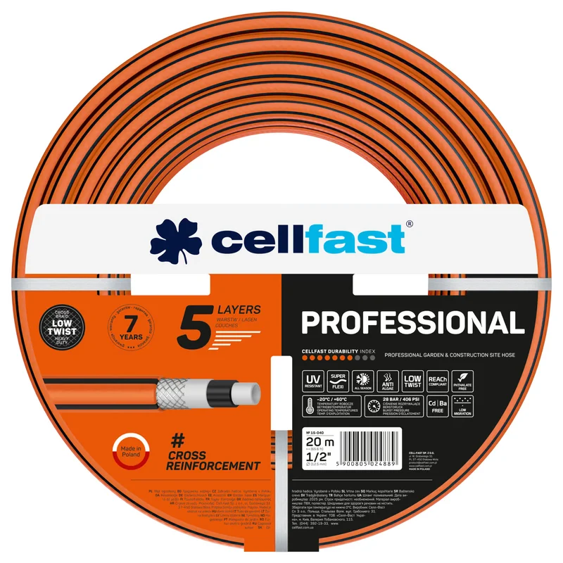 Manguera de jardín Cellfast Professional, diámetro de 1/2 pulgada, longitud de 20 m, 5 capas
