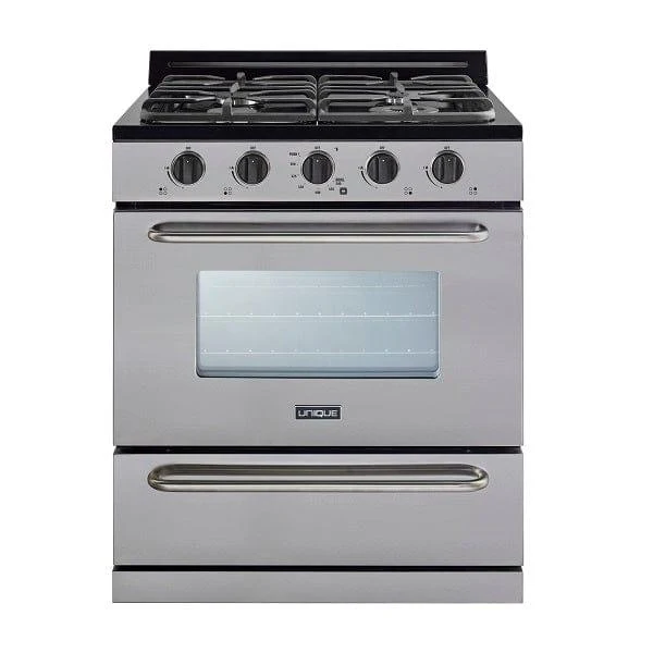 Unique UGP-30G OF2 SS | 30" Propane Range Battery Ignition Variable BTU Sealed Burners Cast Iron Grates Window