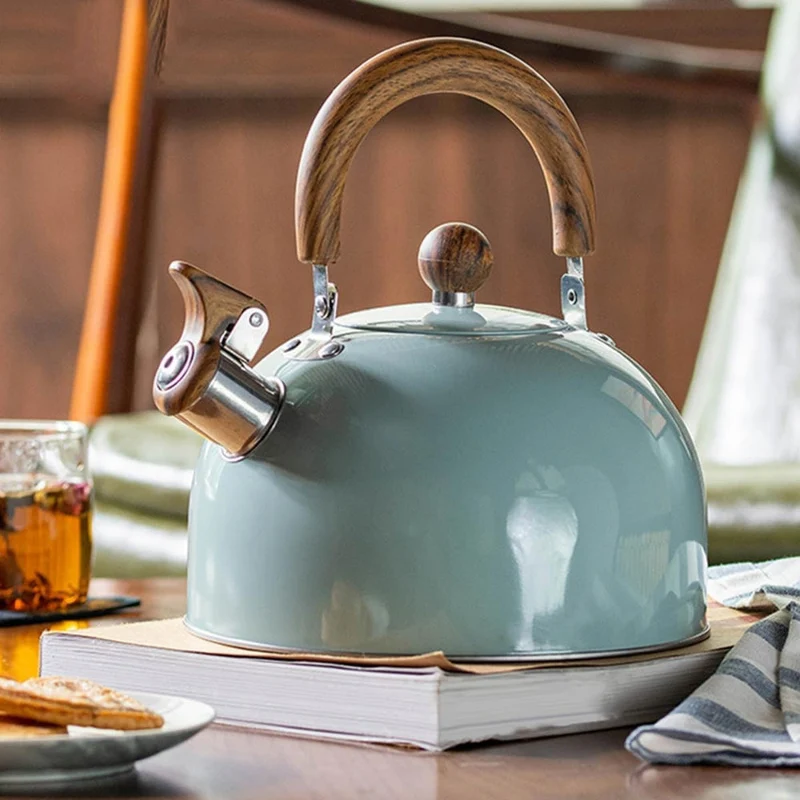 Modern Steel Kettle with Whistle Wooden Handle and Large Capacity