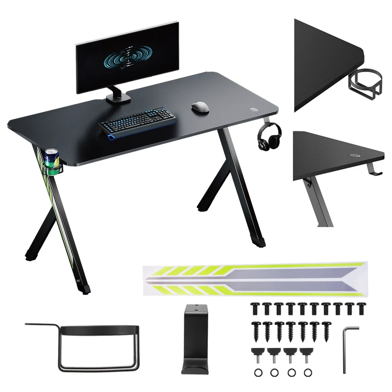 Escritorio para juegos NanoRS, negro, con soporte para auriculares y vasos, max. 75kg, dimensiones 1200x600x750mm, RS101