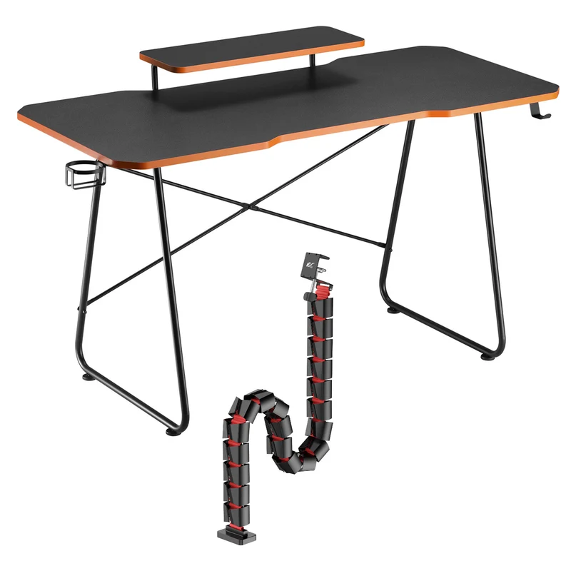 NanoRS Escritorio para juegos con estante para monitor, 50 kg máx., altura 850 mm, negro, RS170+Organizador de cables / rejilla de escritorio Nano RS, 1345 mm, negro y rojo, RS125