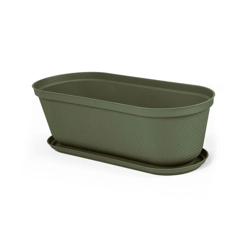 Matera Moderna Ovalada Rafia 60 cm con Plato Verde Musgo