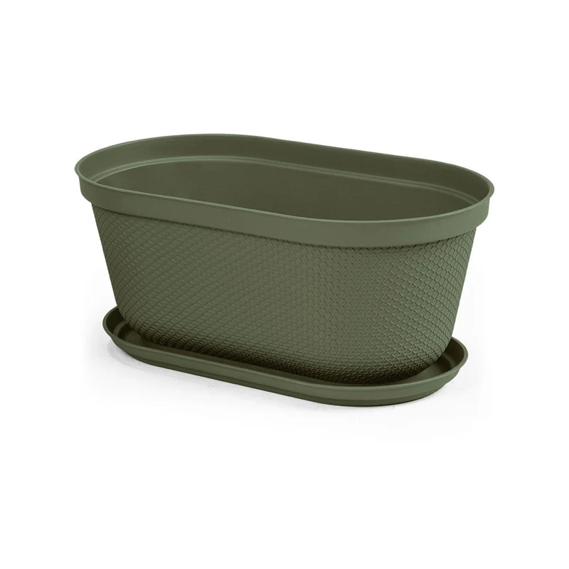 Matera Ovalada Rafia 40 cm con Plato Verde Musgo