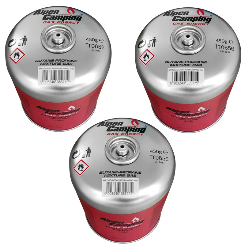 Cartucho de gas 450g Alpen Camping. Certificado: Pi 0437, cumple con EN417, propano-butano, rango -10°c a + 40°c, válvula roscada 7/16" IK020, 3 uds.