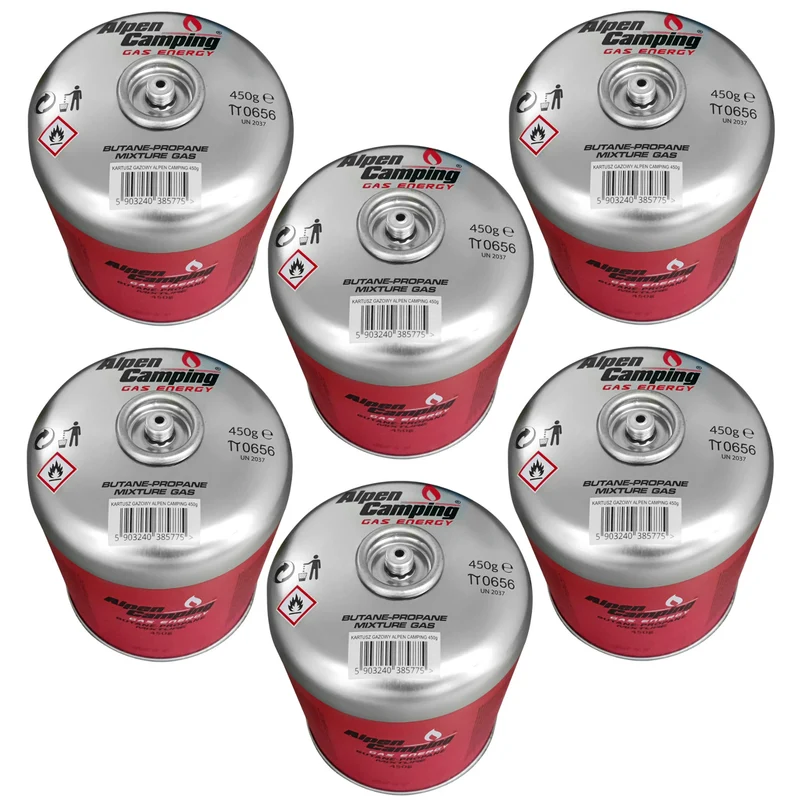 Cartucho de gas 450g Alpen Camping. Certificado: Pi 0437, cumple con EN417, propano-butano, rango -10°c a + 40°c, válvula roscada 7/16" IK020, 6 piezas