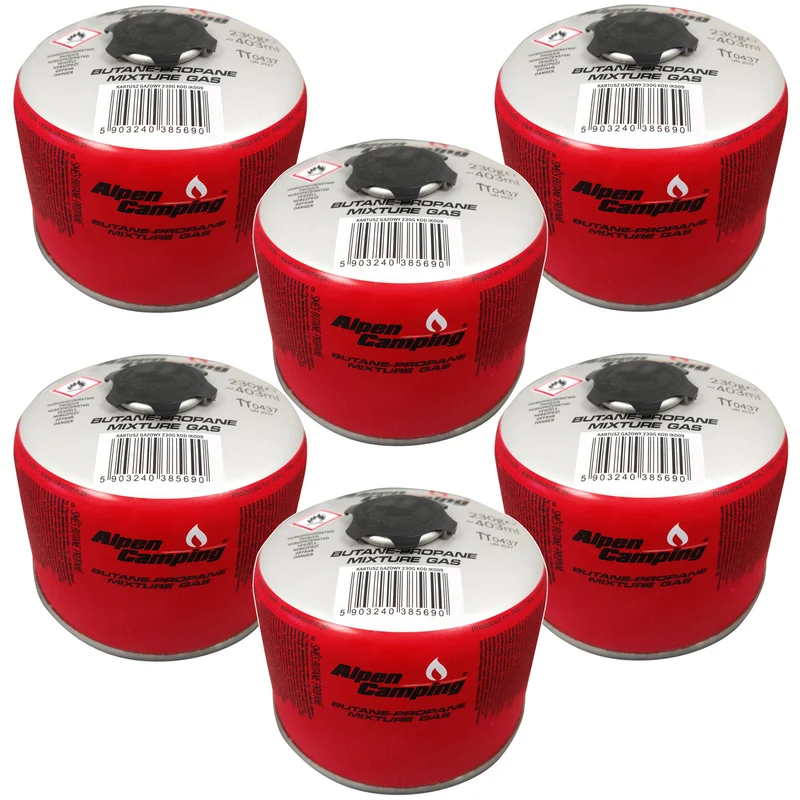 Alpen Camping Cartucho de gas 230g Certificado: Pi 0656, cumple con EN417, propano-butano, rango -10°c a + 40°c, válvula roscada 7/16" IK009, 6 uds.