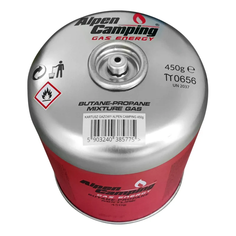 Cartucho de gas 450g Alpen Camping. Certificado: Pi 0437, cumple con EN417, propano-butano, rango -10°c a + 40°c, 7/16" válvula roscada IK020