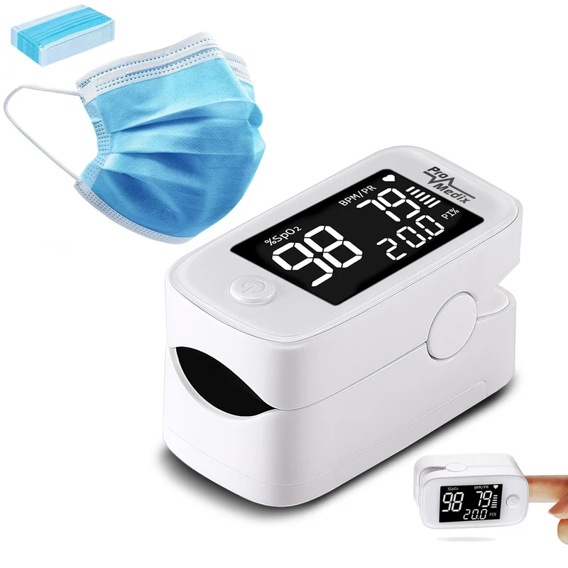 Promedix PR-870 1.5" HD LED pulsioxímetro pulsioxímetro médico + 2x Mascarillas médicas CE EN 14683:2019 - set - color azul 10 piezas Promedix PR-280 BFE>98%...