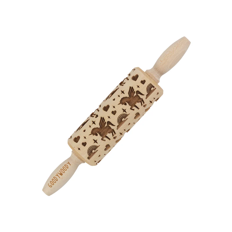 Goody Woody Rodillo para tartas grabado, 23,5 cm, madera de haya, diseño unicornio