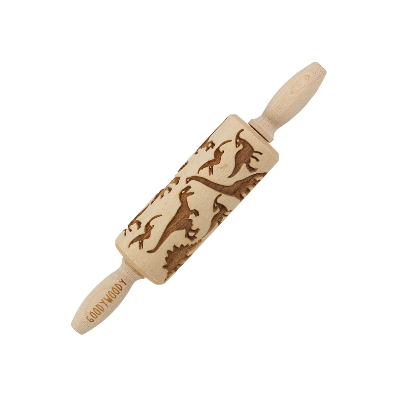 Goody Woody Rodillo para tartas grabado, 23,5 cm, madera de haya, diseño dinosaurio