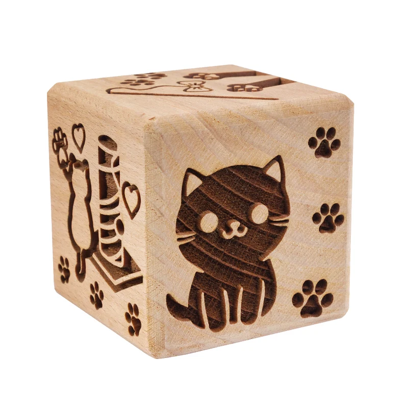 Goody Woody Cubo para tarta grabado, 6 cm, madera de haya, 6 diseños, gatos