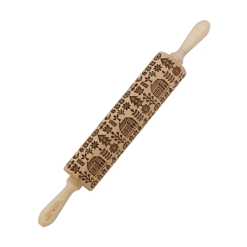 Goody Woody Rodillo para tartas grabado, 46 cm, madera de haya, casa escandinava