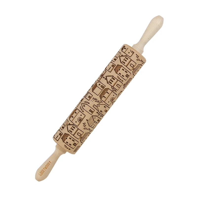Goody Woody Rodillo para tartas grabado, 46 cm, madera de haya, ciudad escandinava