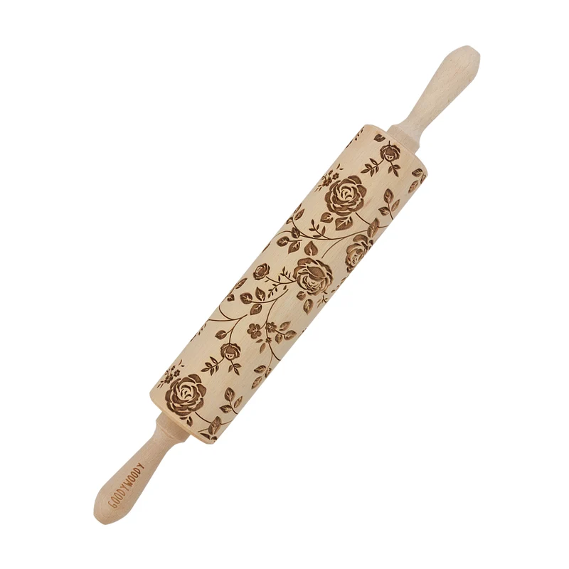 Goody Woody Rodillo para tartas grabado, 46 cm, madera de haya, diseño rosa silvestre