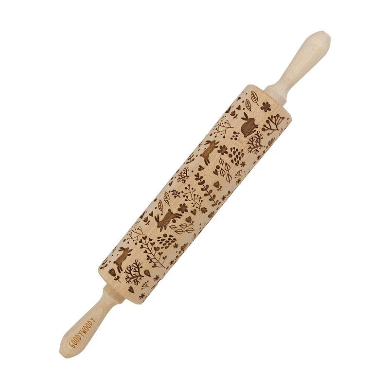 Goody Woody Rodillo para tartas grabado, 46 cm, madera de haya, diseño de conejito