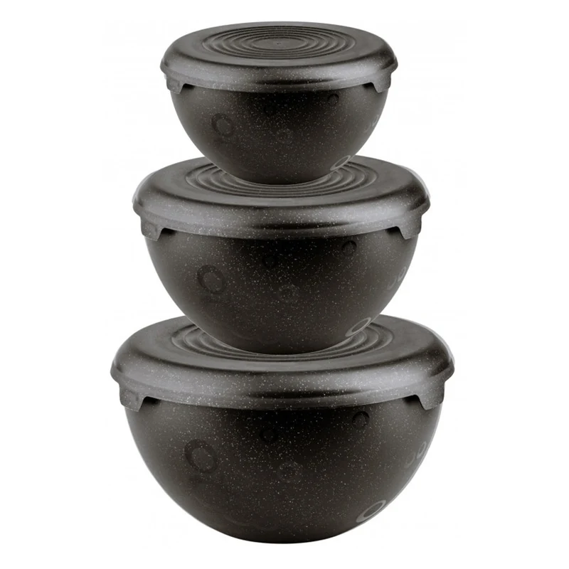 Practic Juego de cuencos de plástico con tapa, 1,5L, 3L, 6L, Color negro, 10031298