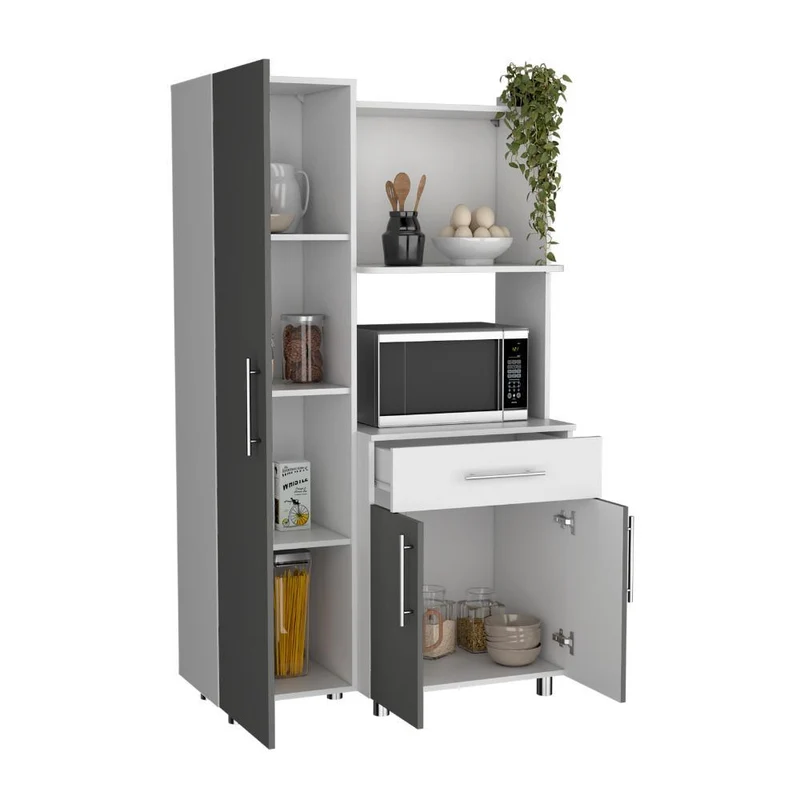 Alacena Panter, Blanco Duqueza y Plata Oscuro, con Espacio para Microondas Puertas Abatibles y un Cajón
