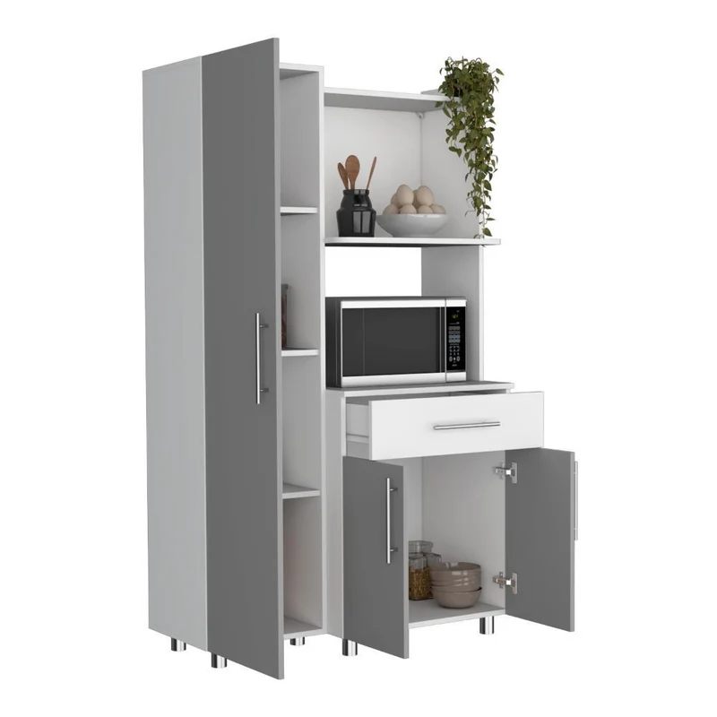 Alacena Panter, Gris y Blanco Duqueza, con Espacio para Microondas Puertas Abatibles y un Cajón