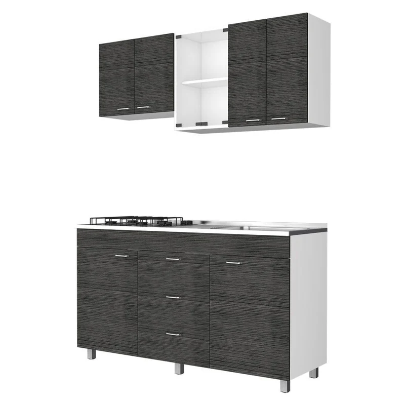 Cocina Integral Laurel, Gris y Blanco, Incluye Mesón Derecho en Acero Inoxidable
