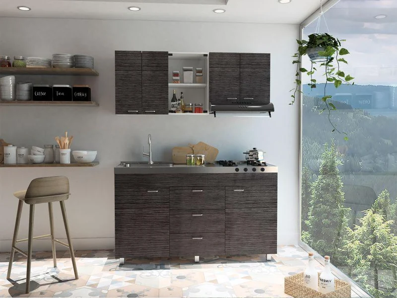 Cocina Integral Laurel, Gris y Blanco, Incluye Mesón Izquierdo en Acero Inoxidable con Cuatro Puestos de Gas Natural