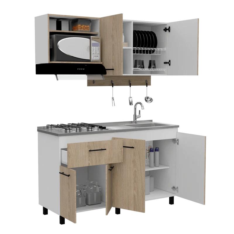 Cocina Integral Kane, Beige y Blanco, Incluye Mesón Derecho en Acero Inoxidable con Cuatro Puestos de Gas