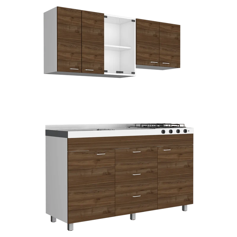 Cocina Integral Laurel, Castaño y Blanco, Incluye Mesón Izquierdo en Acero Inoxidable