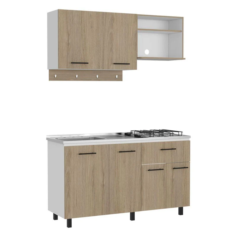 Cocina Integral Kane, Beige y Blanco, Incluye Mesón Izquierdo en Acero Inoxidable