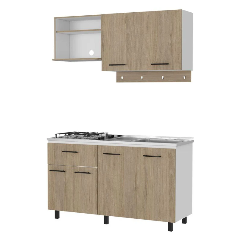 Cocina Integral Kane, Beige y Blanco, Incluye Mesón Derecho en Acero Inoxidable