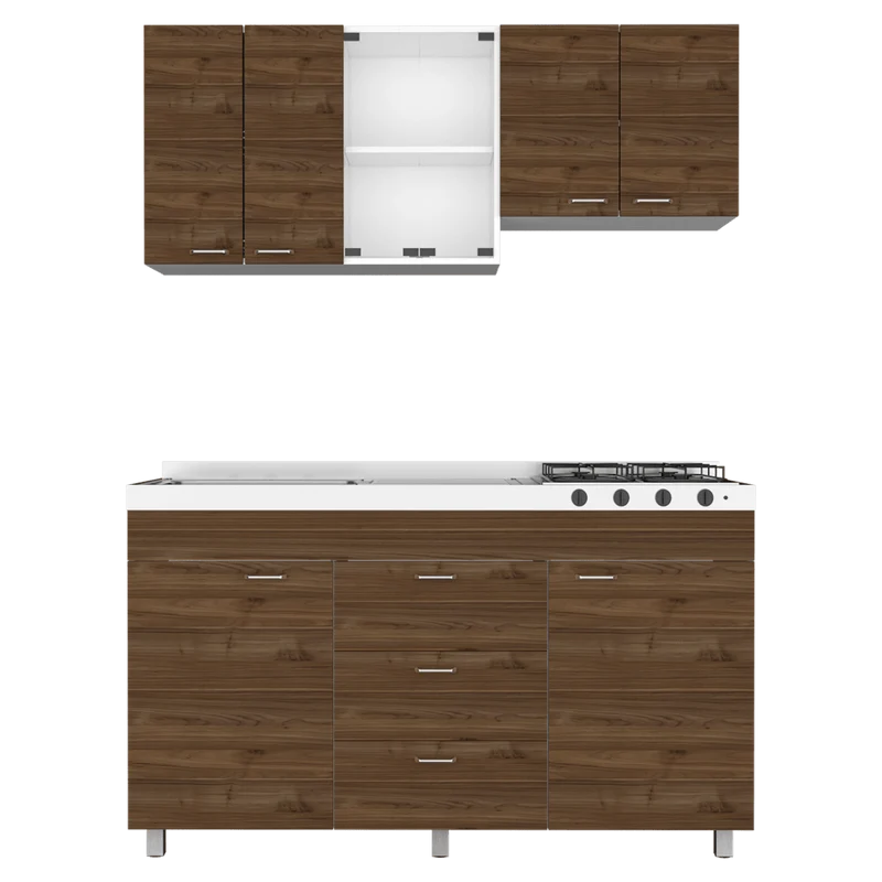 Cocina Integral Laurel, Castaño y Blanco, Incluye Mesón Izquierdo en Acero Inoxidable de Haceb