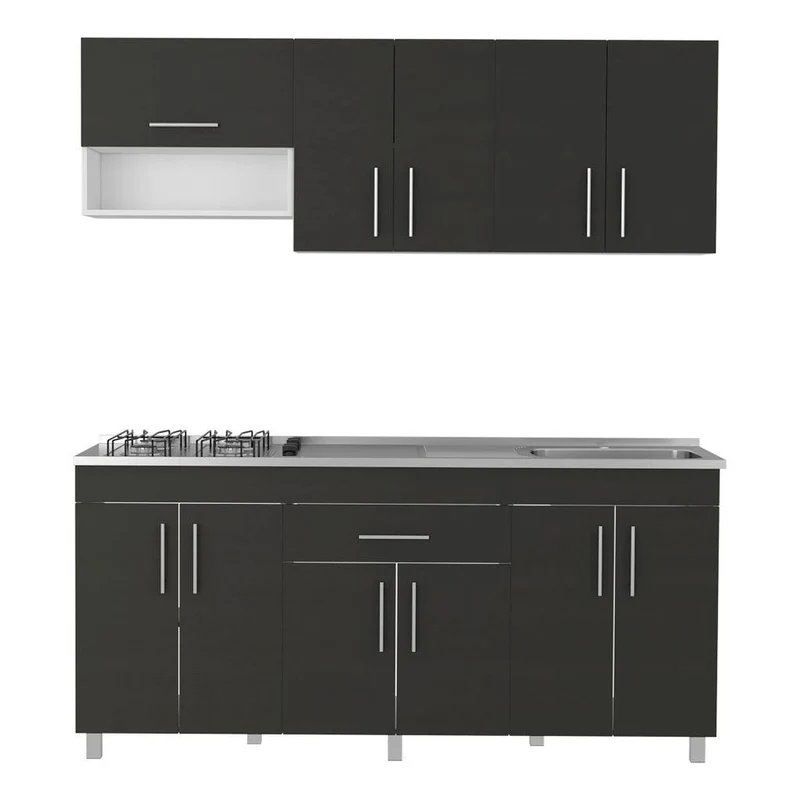 Cocina Integral Carson, Wengue y Blanco, Incluye Mesón Derecho en Acero Inoxidable