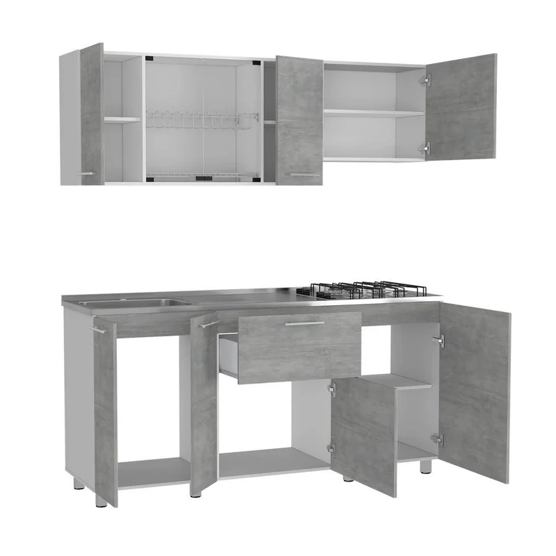 Cocina Integral Linar, Cemento y Blanco, Incluye Mesón Izquierdo en Acero Inoxidable