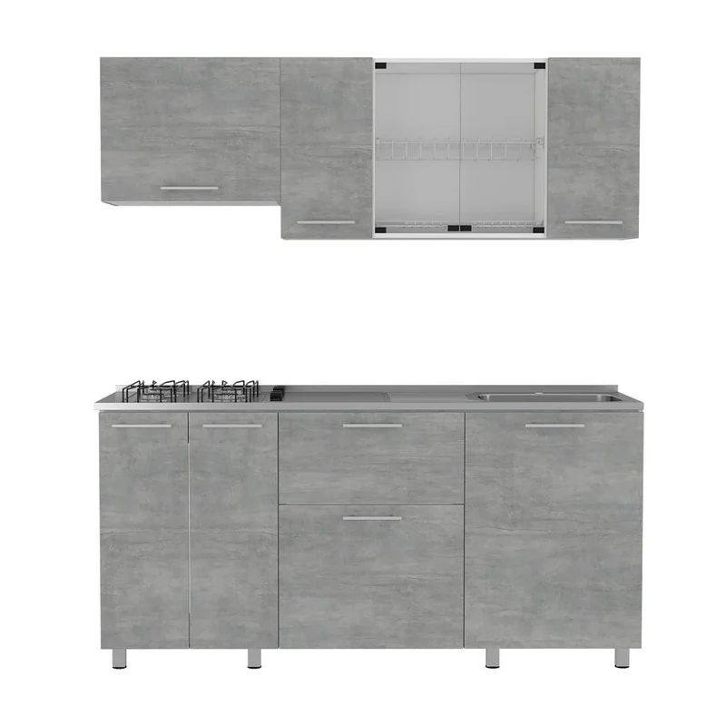 Cocina Integral 180 Linar, Cemento y Blanco, Incluye Mesón Derecho en Acero Inoxidable ZF
