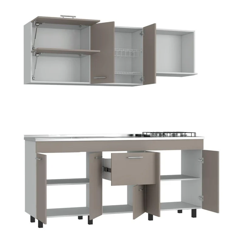 Cocina Integral Sakai, Cocoa y Blanco, Incluye Mesón Izquierdo en Acero Inoxidable