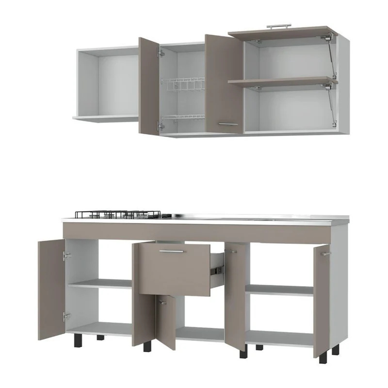 Cocina Integral Sakai, Cocoa y Blanco, Incluye Mesón Derecho en Acero Inoxidable