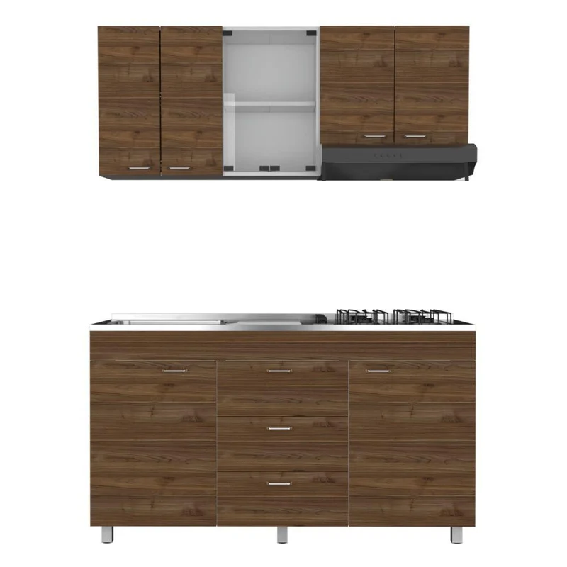 Cocina Integral Laurel, Castaño y Blanco, Incluye Mesón Izquierdo en Acero Inoxidable y Campana