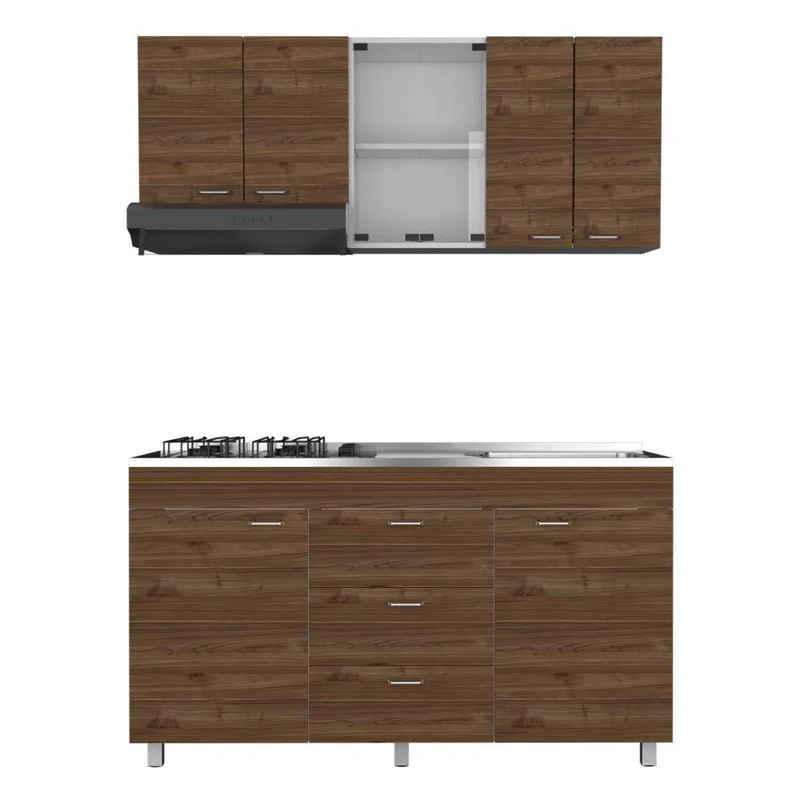Cocina Integral Laurel, Castaño y Blanco, Incluye Mesón Derecho en Acero Inoxidable y Campana