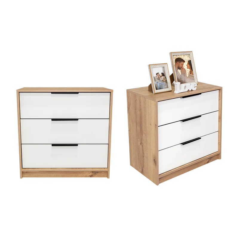 Set de 2 Organizadores Wesley, Fresno Europeo y Blanco, con Tres Cajones Multiusos y Manijas Metálicas