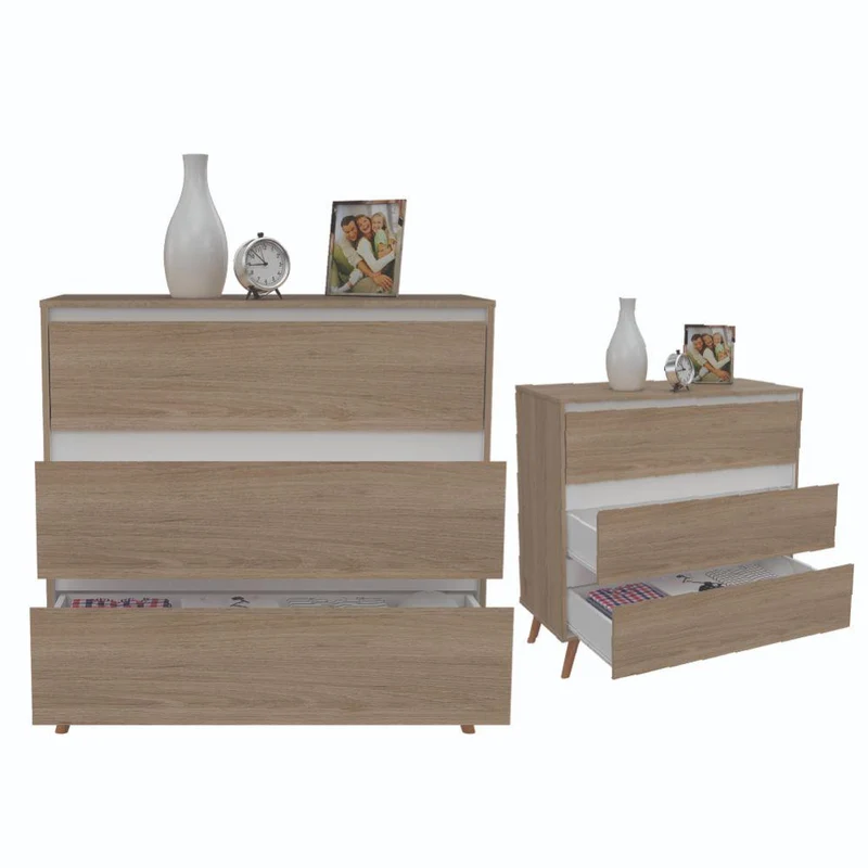 Set de 2 Organizadores Durham, Beige y Blanco, con Tres Cajones Amplios y Patas en Madera