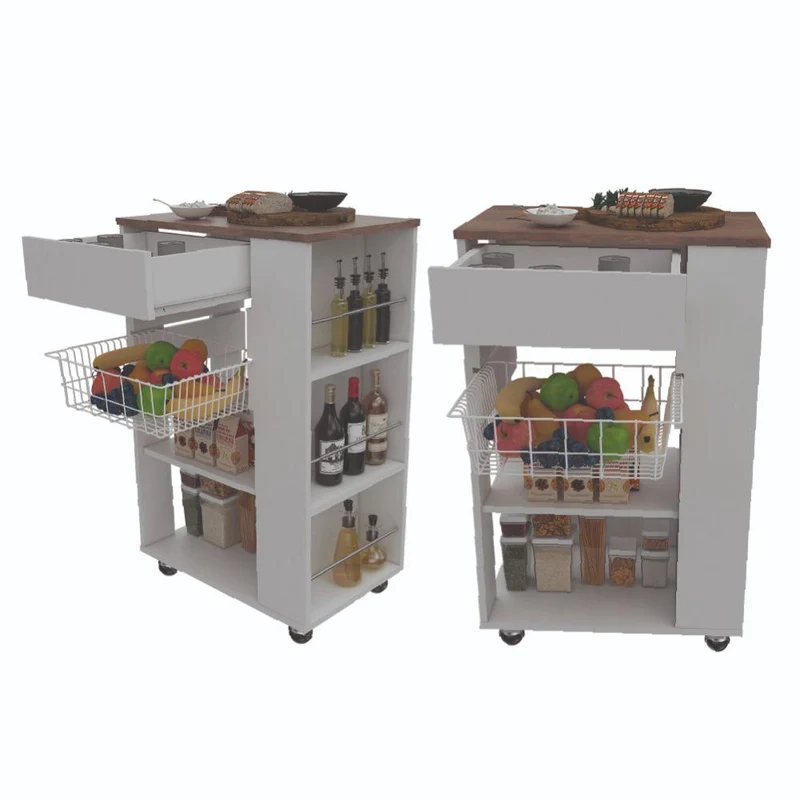 Set de 2 Muebles Organizador de Cocina Alhena, Blanco y Café Claro, con Entrepaños para Ubicar Elementos de Cocina
