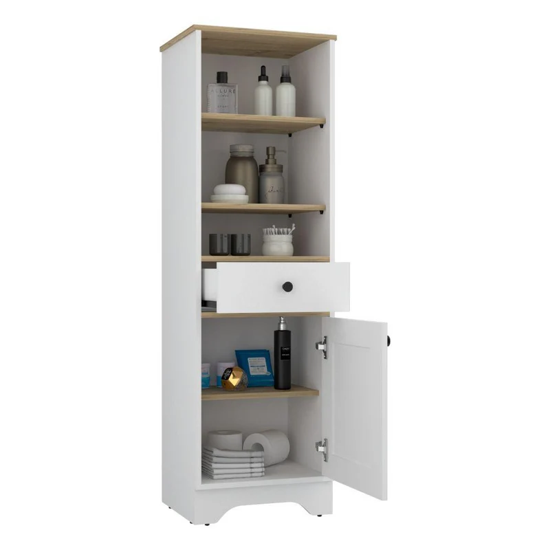 Organizador de Baño Ajaz, Café Claro y Blanco Nevado, con un Cajón y Puerta para su Almacenamiento