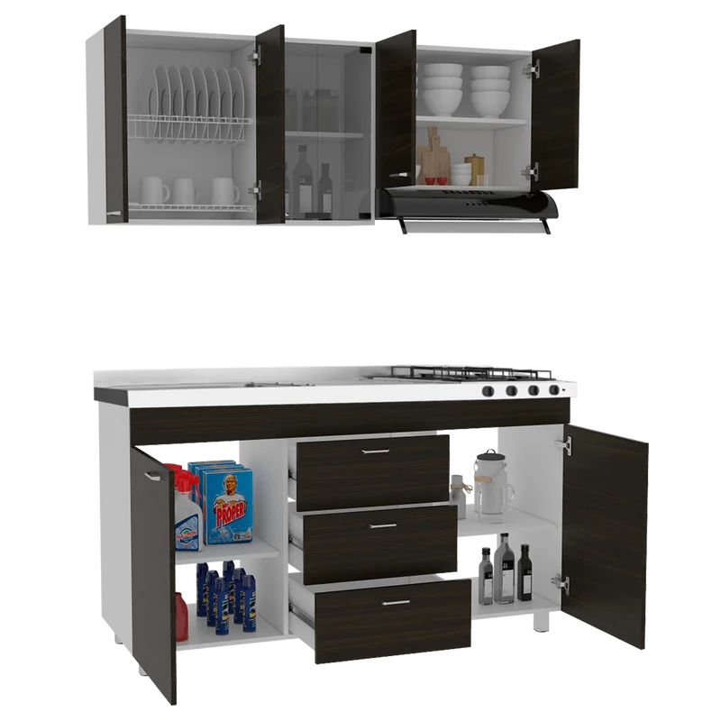 Cocina Integral Laurel, Moreno y Blanco, Incluye Mesón Izquierdo en Acero Inoxidable con Cuatro Puestos de Gas Natural