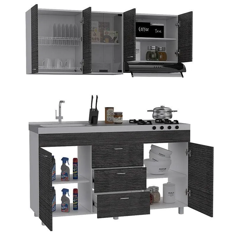 Cocina Integral Venecia, Gris y Blanco, Incluye Mesón Izquierdo en Acero Inoxidable