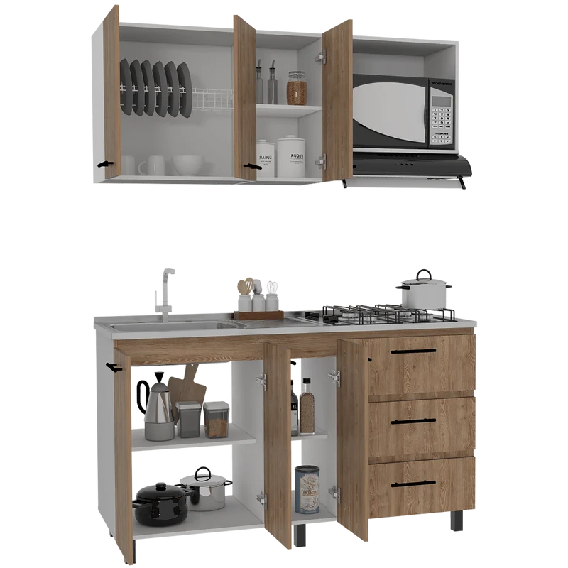 Cocina Integral Cavani, Miel y Blanco, con Tres Cajones y Tres Puertas Batientes, No Incluye Mesón