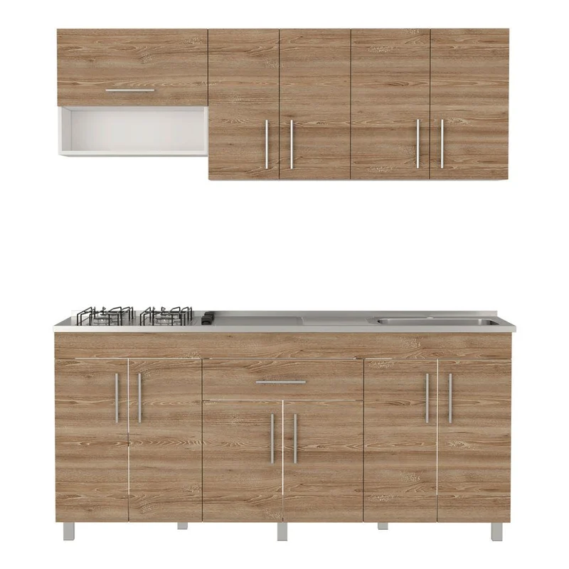 Cocina Integral Carson, Miel y Blanco, Incluye Mesón Derecho en Acero Inoxidable