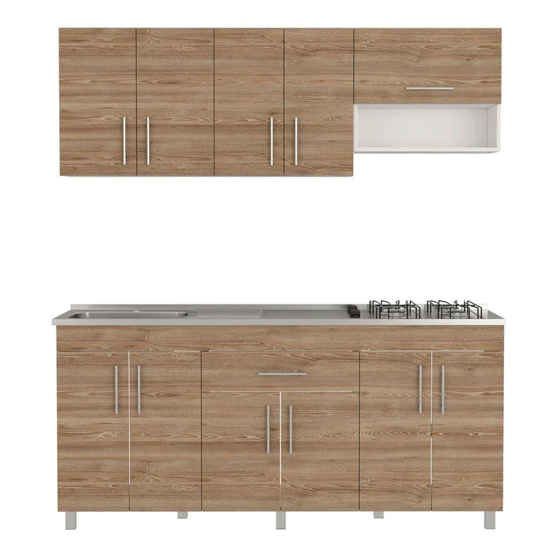Cocina Integral Carson, Miel y Blanco, Incluye Mesón Izquierdo en Acero Inoxidable y Estufa