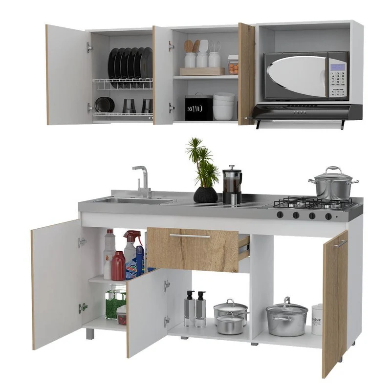 Cocina Integral Alan, Café Claro y Blanco, Incluye Mesón Izquierdo en Acero Inoxidable