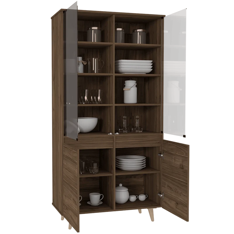 Alacena Nashira, Castaño, con Dos Puertas de Vidrio y Variedad de Entrepaños