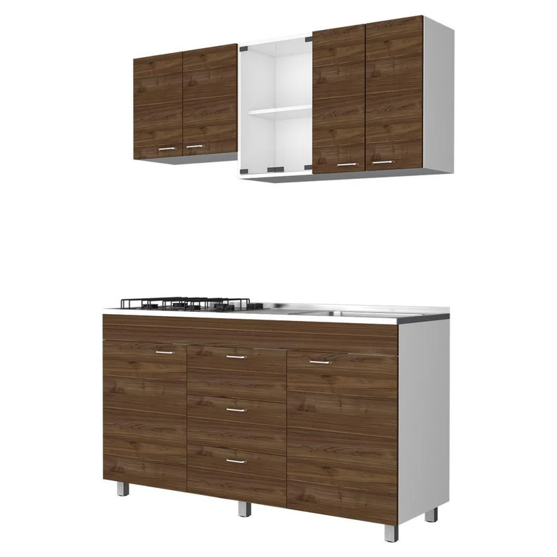 Cocina Integral Laurel, Castaño y Blanco, Incluye Mesón Derecho en Acero Inoxidable