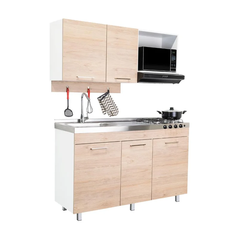 Cocina Integral Deneb, Beige y Blanco, Incluye Mesón Izquierdo en Acero Inoxidable con Cuatro Puestos de Gas Natural