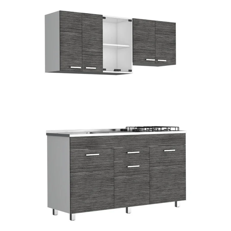 Cocina Integral Eris, Gris y Blanco, Incluye Mesón Izquierdo Laminado y Quemadores HC
